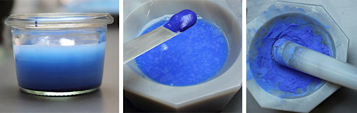 Three images of ultramarine pigment being processed into paint