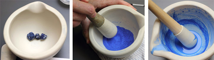 Three images showing the process of crushing lapis lazuli crystals in a pestle and mortar