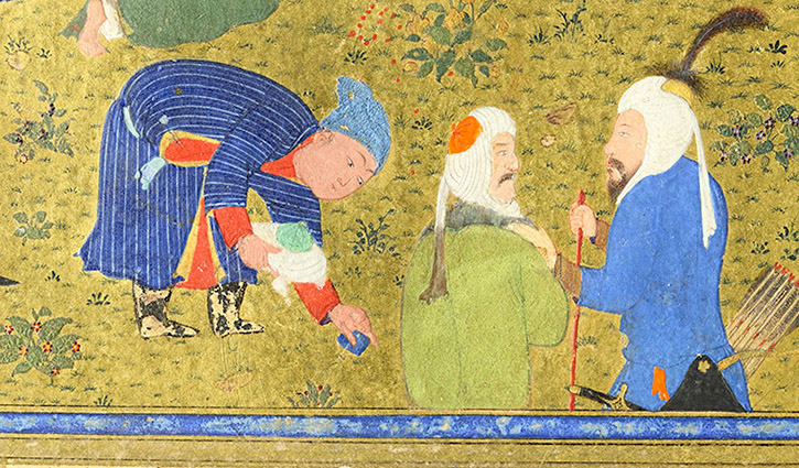 A portion of a manuscript displaying three painted figures, prominently featuring vivid shades of blue.