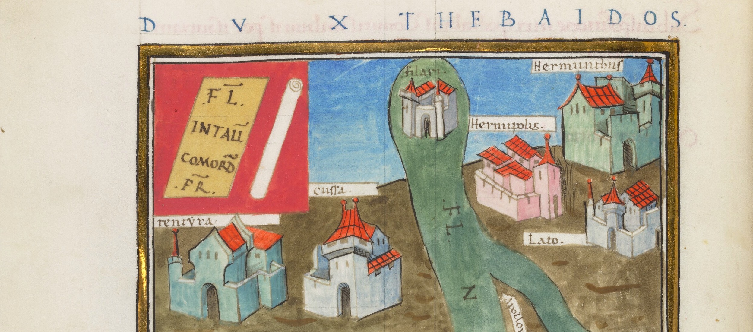 A section of an illuminated manuscript showing a 3D map