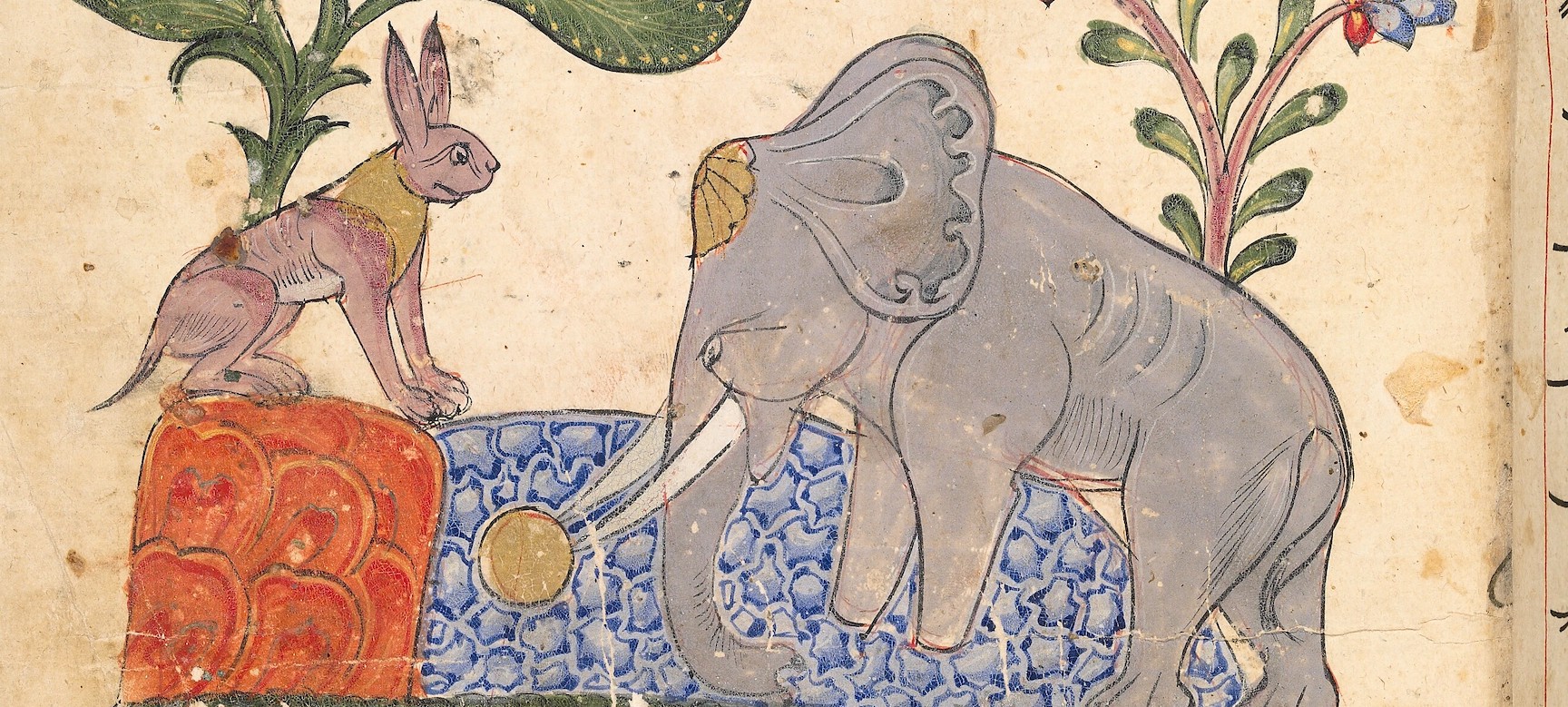 A painted image from a manuscript depicting a rabbit and an elephant in bright colours