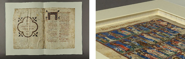Left: two folios are shown on a white mount board. Right: an illuminated manuscript corner is shown with a mounted cover protecting it