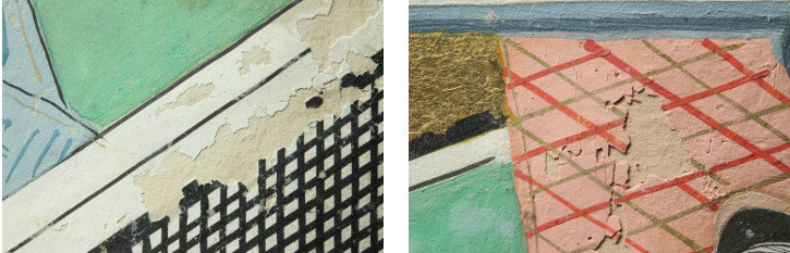Conservation: Japanese picture book Details from the picture book showing flaking paint or missing paint from white and pink areas