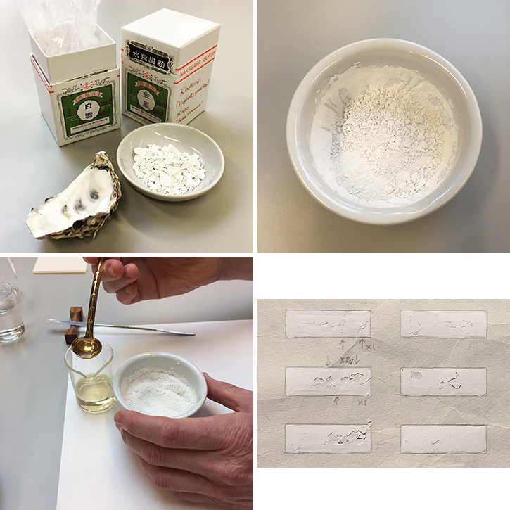 Four images showing the preparation of gofun: white shards are ground in to make white dust, liquid is added with a small gold ladle; six swatches - each a white rectangle - on a piece of paper testing the mixture