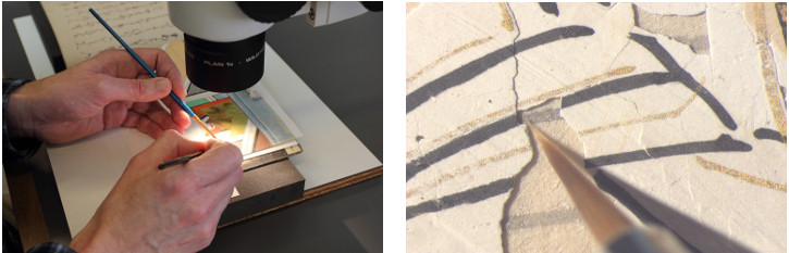 Conservation: Japanese picture book The left photograph shows a pair of hands working on a picture book - two brushes are held in either hand and there is microscope above