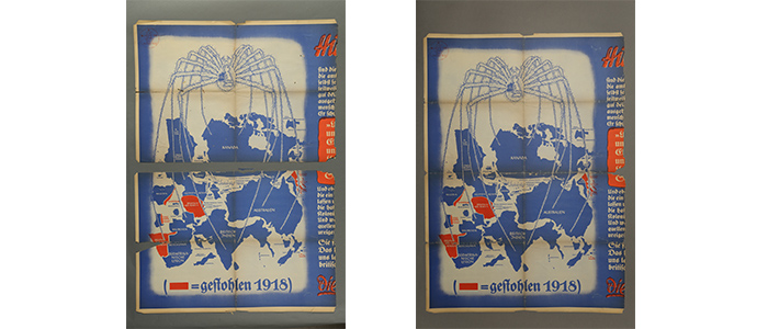 A photograph of a blue poster - it depicts a giant spider over a map of the world. The left image shows the poster in two halves, the right image shows the poster restored to one object