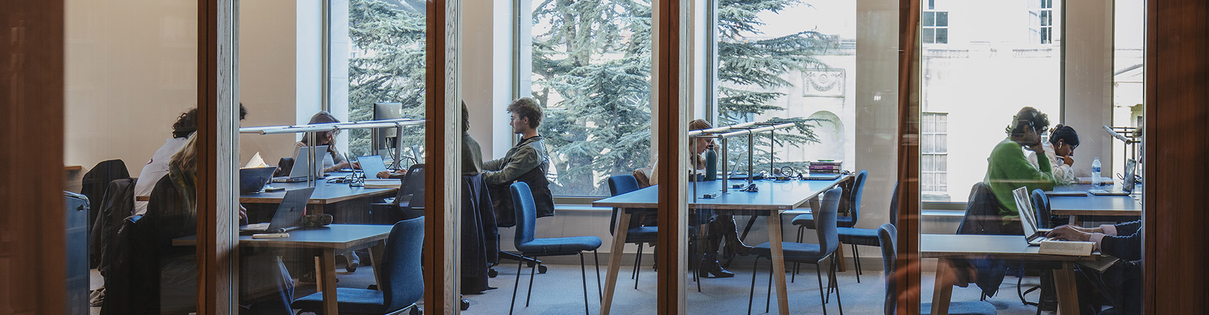 A study space in the Humanities Library: people sit at wooden tables in front of a large window