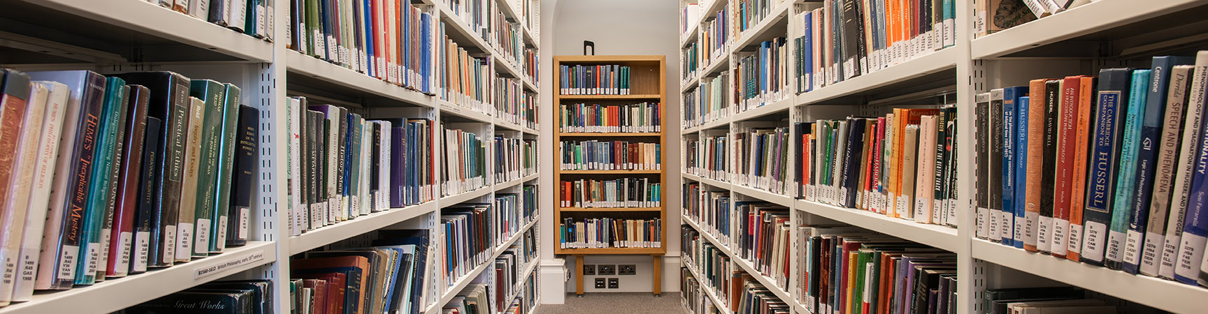 Bookshelves either side of a corridor, with a further bookshelf at the end