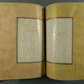 An open book with handwritten script and pages dyed in shades of yellow