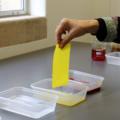 A piece of yellow paper is removed from a tub of yellow dye