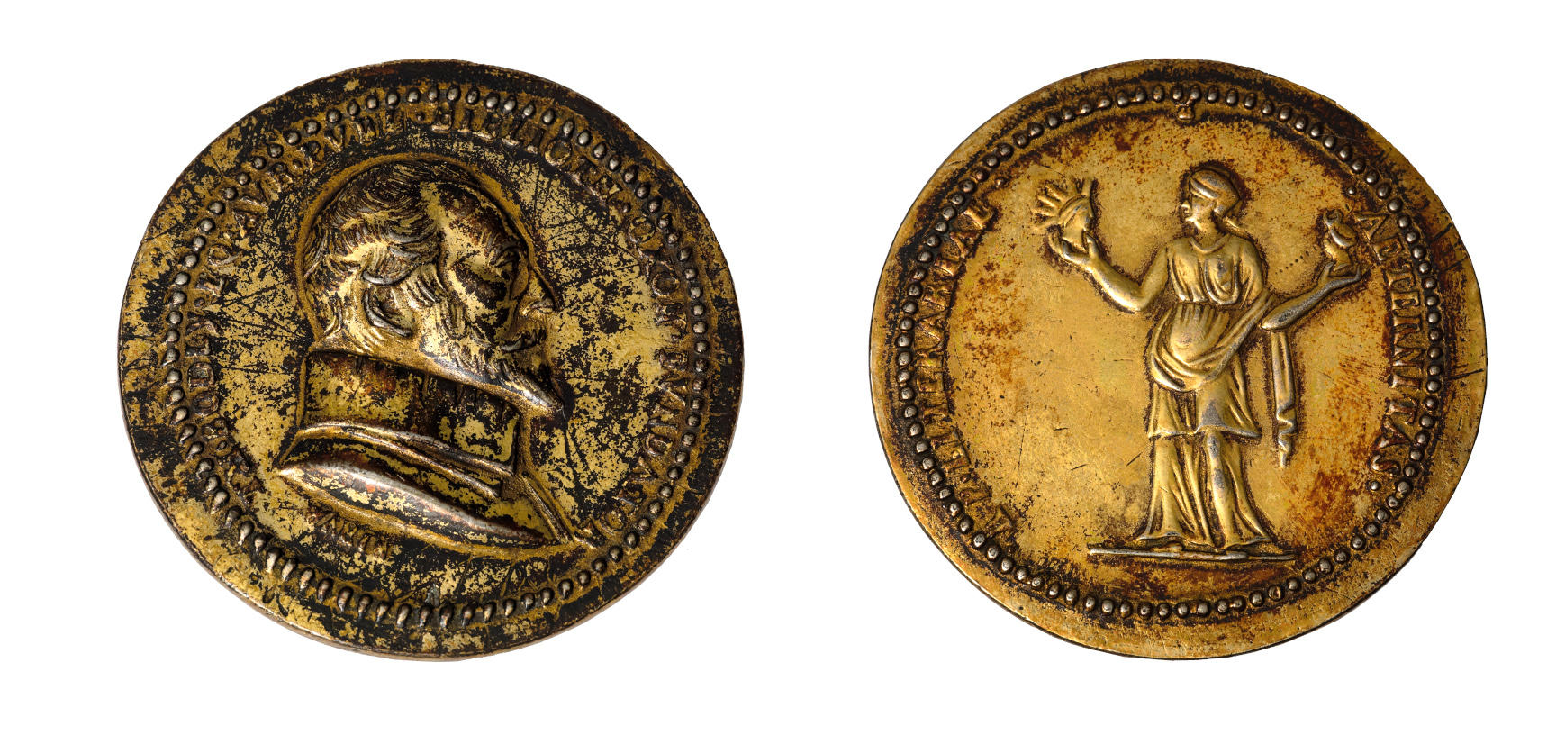 Two faces of a medal: one with an image of a man's face in profile, and the other with a woman holding two busts