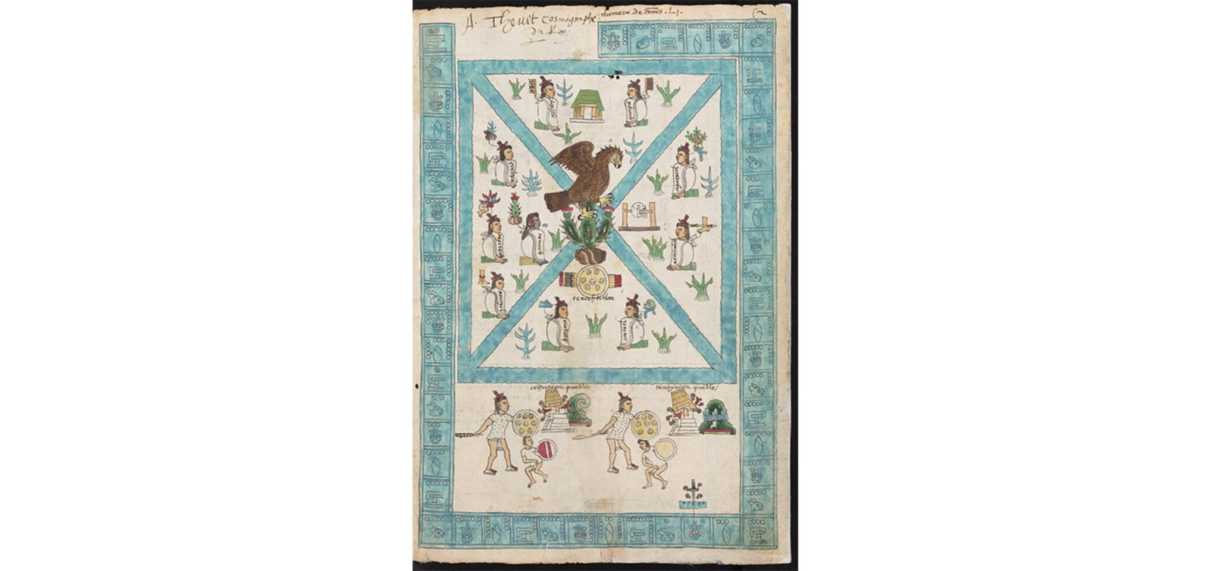 An drawing of an eagle standing on a cactus, it is surrounded by blue square split into four triangles. In each triangle are depicted people wearing white