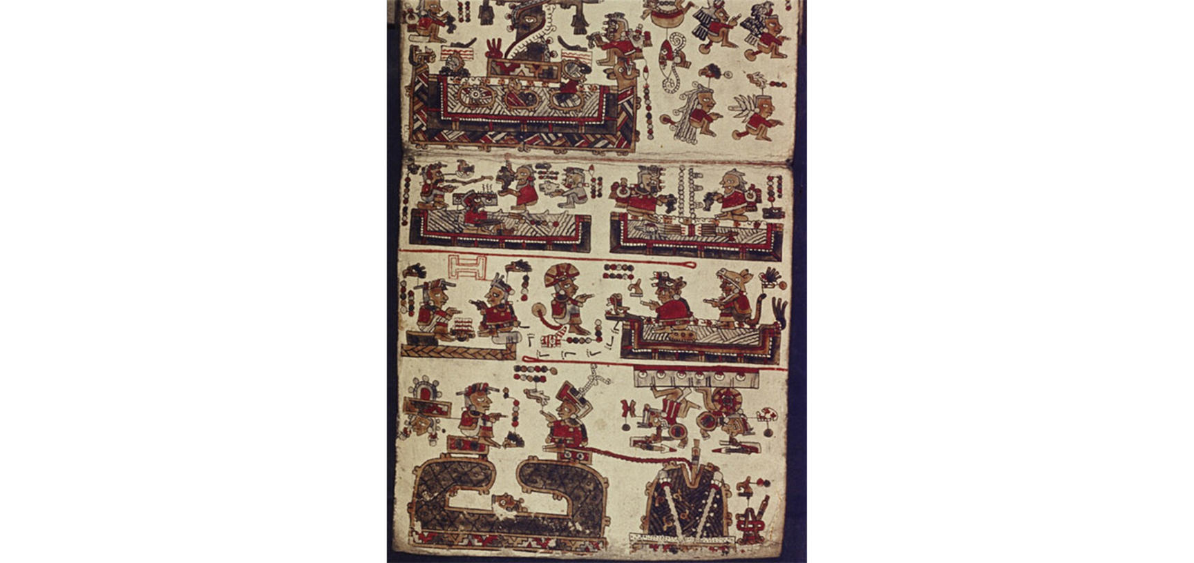 Five scene depictions of people undertaking various cultural activities, in a red and brown palette