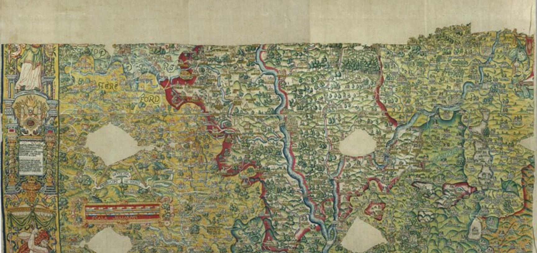The Worcestershire portion of the Sheldon Tapestry Map - the colours are dull between the different counties depicted