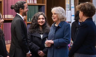 The Duchess of Cornwall speaks to a group of students