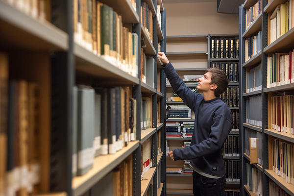 A student in dark clothes browses bookshelves