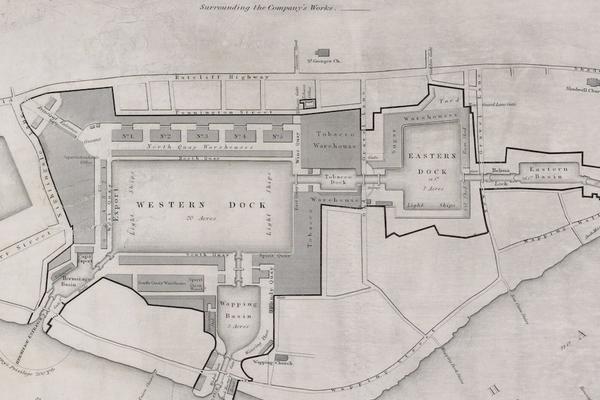 A black and white plan of the London Docks beside the River Thames