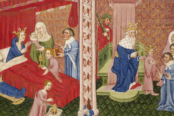 A section of an illuminated manuscript depicting a woman with a baby in bed surrounded by visitors