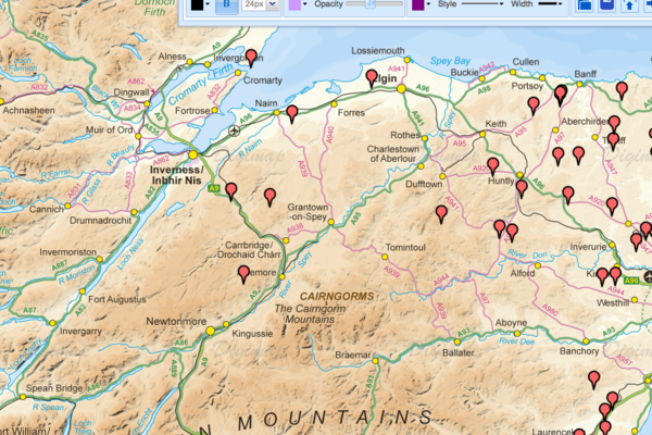 A digital map with map markers and a toolbar