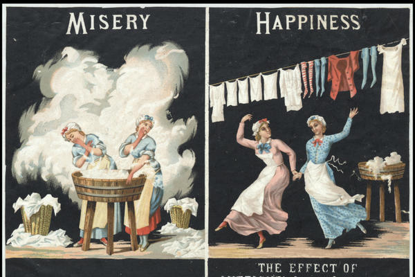 An advert for cold water soap with two halves: 'Misery' and 'Happiness'