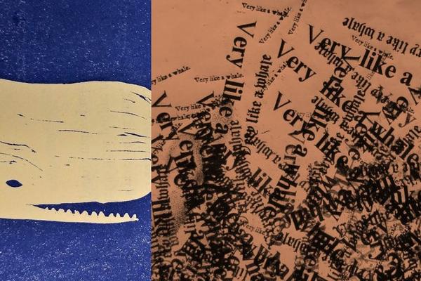 One third of the image is a printed whale on a blue background, with the rest depicting a collage of printed versions of 'Very like a whale'