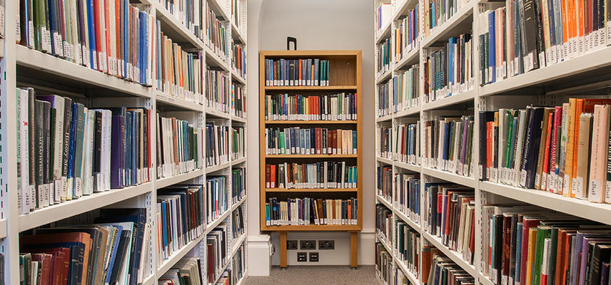 Two bookshelves on either side with a bookshelf at the back of the room