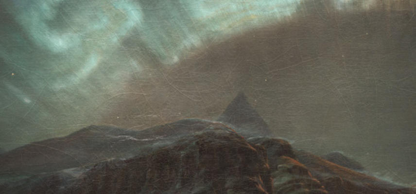A section of a painting of a ship under the Northerrn Lights