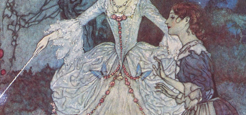 A section of a colourful painting of a young woman in a blue dress standing beside a woman in a silver gown with a wand