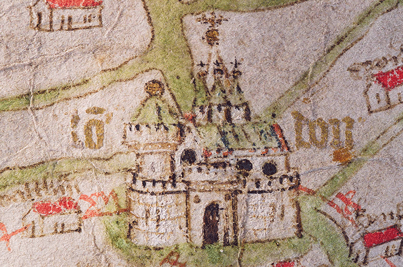 Conservation: Gough Map A detail of London showing a castle with a blue roof - green roads emanate out