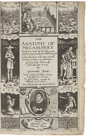 Image of the frontispiece of The Anatomy of Melancholy by Robert Burton
