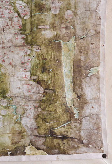 A portion of the map which shows rips in the surface of the map