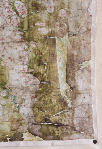Conservation: Gough Map A portion of the map which shows rips in the surface of the map