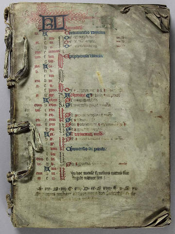 A medieval manuscript - it has red and blue markings on it - the binding is uncovered