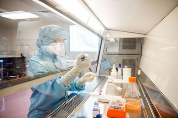 Collecting Covid project A scientist in full PPE clothing - they are holding a test tube in pipette in each hand behind a screen. Various flasks and containers are behind the screen